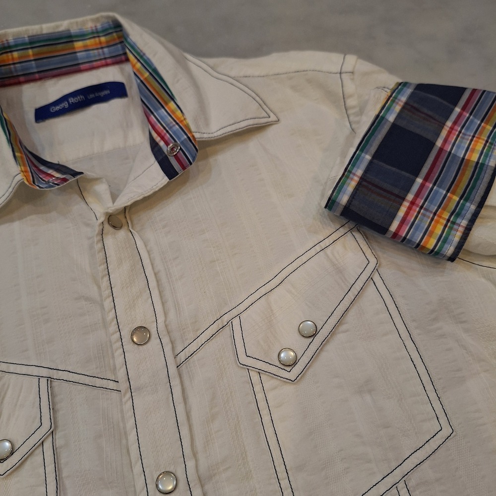 Georg Roth Western Snap Shirt Sm White MultiColor Plaid Flip Cuff Festival Retro